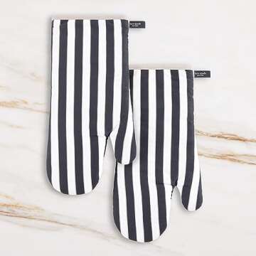 Kate Spade New York Botanical Stripe Oven Mitt 2-Pack Set, 7" x 13", Black/Beige