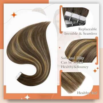 Full Shine Invisible Tape in Extensions Human Hair Color 4/24/4 Medium Brown to Honey Blonde Hair Ex...