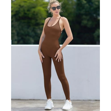 RUNNING GIRL One Piece Jumpsuit, Ribbed Workout Bodycon Full Body Romper Jumpsuit with Tummy Control(2954 Dark Brown S)