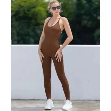 RUNNING GIRL One Piece Jumpsuit, Ribbed Workout Bodycon Full Body Romper Jumpsuit with Tummy Control(2954 Dark Brown S)