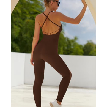 RUNNING GIRL One Piece Jumpsuit, Ribbed Workout Bodycon Full Body Romper Jumpsuit with Tummy Control(2954 Dark Brown S)