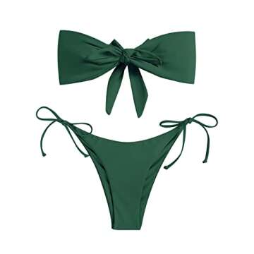 ZAFUL Knotted Bandeau Bikini for Women Strapless Swimsuits High Cut Bathing Suit Sexy Cheeky Tie Side Swimwear Deep Green M