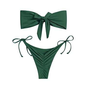 ZAFUL Knotted Bandeau Bikini for Women Strapless Swimsuits High Cut Bathing Suit Sexy Cheeky Tie Side Swimwear Deep Green M
