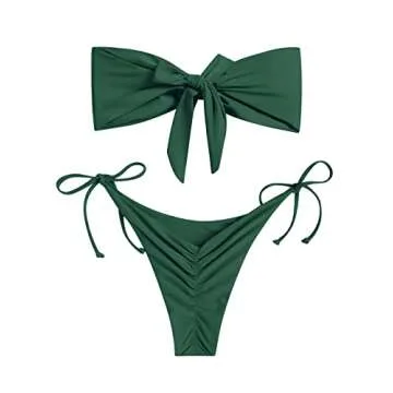 ZAFUL Knotted Bandeau Bikini for Women Strapless Swimsuits High Cut Bathing Suit Sexy Cheeky Tie Side Swimwear Deep Green M