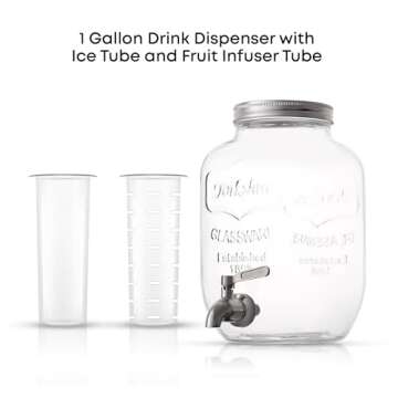 1-Gallon Drink Dispenser. Glass Beverage Dispenser with Stainless steel Spigot plus Ice Cylinder and...