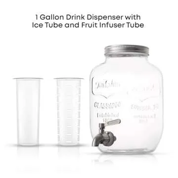 1-Gallon Drink Dispenser. Glass Beverage Dispenser with Stainless steel Spigot plus Ice Cylinder and...