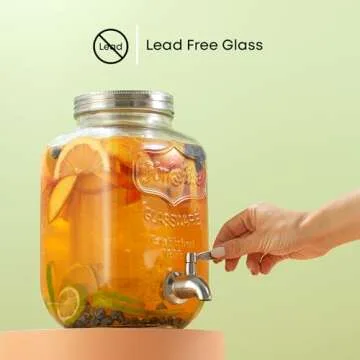 1-Gallon Drink Dispenser. Glass Beverage Dispenser with Stainless steel Spigot plus Ice Cylinder and Fruit Infuser! Water Dispenser, Lemonade Stand, Juice Container - Drink Dispensers for Parties