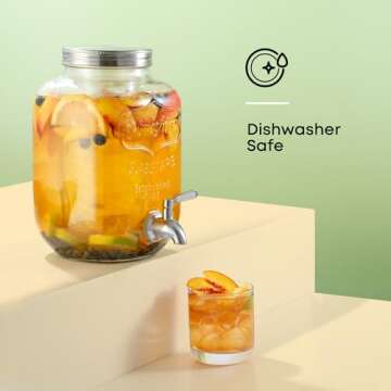 1-Gallon Drink Dispenser. Glass Beverage Dispenser with Stainless steel Spigot plus Ice Cylinder and Fruit Infuser! Water Dispenser, Lemonade Stand, Juice Container - Drink Dispensers for Parties