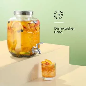 1-Gallon Drink Dispenser. Glass Beverage Dispenser with Stainless steel Spigot plus Ice Cylinder and Fruit Infuser! Water Dispenser, Lemonade Stand, Juice Container - Drink Dispensers for Parties