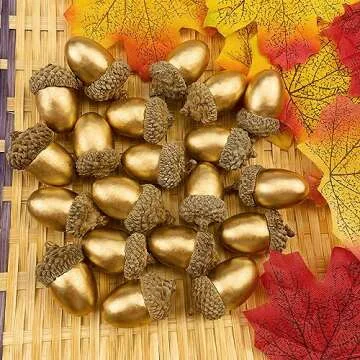 Lorigun 50 Pcs Artificial Acorns Golden Acorn with Natural Acorn Cap Fake Acorn for Decoration Home House Kitchen Decor Christmas Decoration Fall Table Scatter Crafting