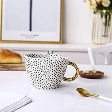Large Stoneware Coffee Mug Modern Coffee Mugs Tea Cups with Golden Handle Ceramic -White and Black Dotty Pattern