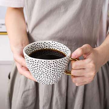 Large Stoneware Coffee Mug Modern Coffee Mugs Tea Cups with Golden Handle Ceramic -White and Black Dotty Pattern