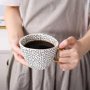 Large Stoneware Coffee Mug Modern Coffee Mugs Tea Cups with Golden Handle Ceramic -White and Black Dotty Pattern
