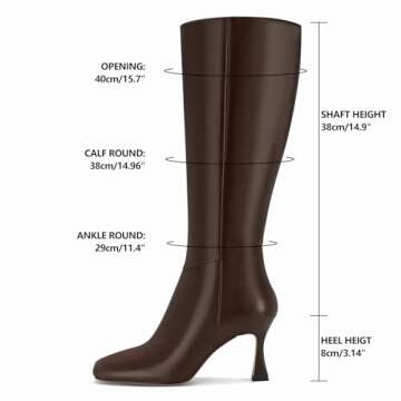 Dsevht Brown Leather Knee High Boots for Women Stiletto Kitten Heeled Sexy Tall Boots Square Toe and Side Zipper Design Fashion Dress Boots