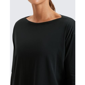 CRZ YOGA Pima Cotton Long Sleeve Workout Shirts for Women Loose Fit Athletic Yoga Shirt Casual Boat Neck Fall Tops Black X-Large