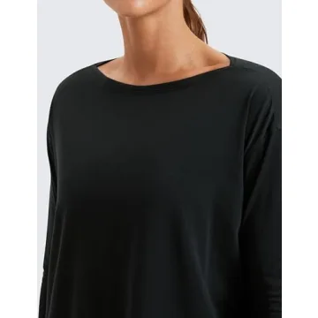CRZ YOGA Pima Cotton Long Sleeve Workout Shirts for Women Loose Fit Athletic Yoga Shirt Casual Boat Neck Fall Tops Black X-Large