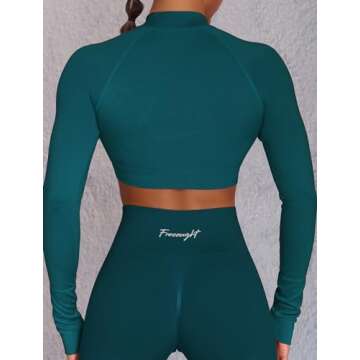FRESOUGHT Long Sleeve Workout Crop Tops for Women, Seamless Athletic Activewear Shirts Gym Yoga Runn...