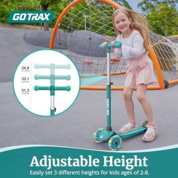 Gotrax KS1 Kids Kick Scooter, LED Lighted Wheels and 3 Adjustable Height Handlebars, Lean-to-Steer & Widen Anti-Slip Deck, 3 Wheel Scooter for Boys & Girls Ages 2-8 and up to 100 Lbs (Green)