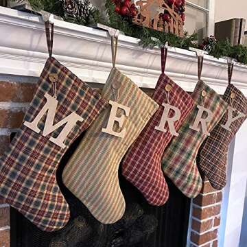 Marilee Home Vintage Christmas 1 Simple Quilted Plaid Homespun Christmas Stocking with Personalized Letter Charm