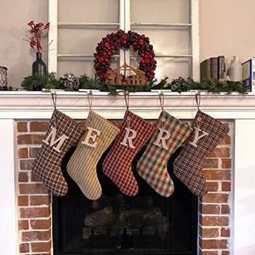 Marilee Home Vintage Christmas 1 Simple Quilted Plaid Homespun Christmas Stocking with Personalized Letter Charm
