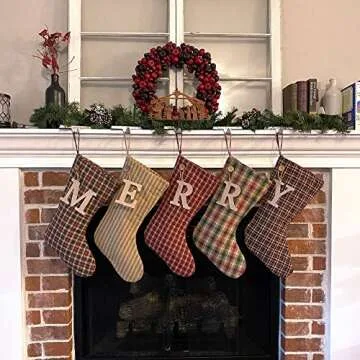 Marilee Home Vintage Christmas 1 Simple Quilted Plaid Homespun Christmas Stocking with Personalized Letter Charm