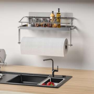 Paper Towel Holder Shelf, 2 in 1 Kitchen Spice Rack with Adhesive Paper Towel Holder for Bathroom, S...