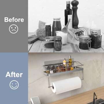 Paper Towel Holder Shelf, 2 in 1 Kitchen Spice Rack with Adhesive Paper Towel Holder for Bathroom, Stainless Steel Paper Towel Holder Self Adhesive No Drilling Paper Towel Rack Basket