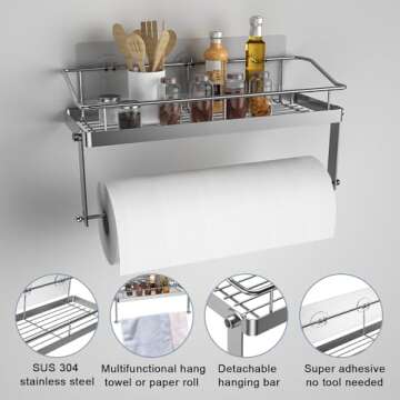 Paper Towel Holder Shelf, 2 in 1 Kitchen Spice Rack with Adhesive Paper Towel Holder for Bathroom, Stainless Steel Paper Towel Holder Self Adhesive No Drilling Paper Towel Rack Basket