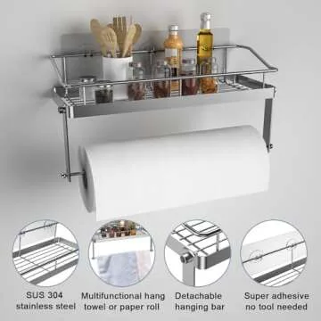 Paper Towel Holder Shelf, 2 in 1 Kitchen Spice Rack with Adhesive Paper Towel Holder for Bathroom, Stainless Steel Paper Towel Holder Self Adhesive No Drilling Paper Towel Rack Basket