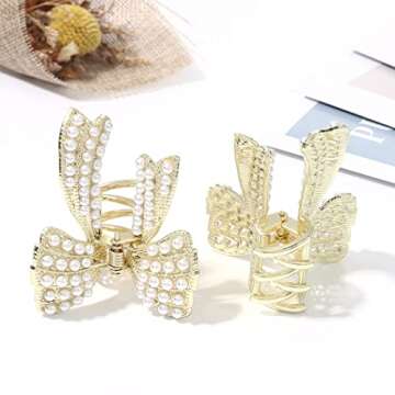 Brinie Pearl Hair Claw Clamps Gold Metal Hair Claw Clips Bowknot Hair Styling Clips Non Slip Jaw Hai...