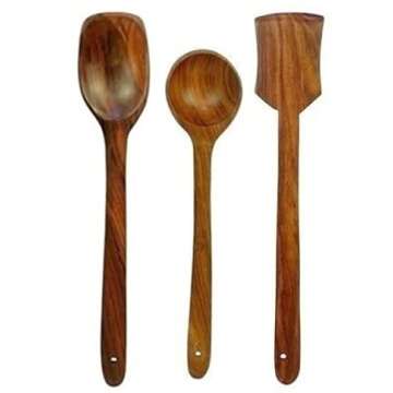 Chef Collection, Premium 4 Pieces Wooden Cooking and Serving Utensils/Spatulas set of 3 with Holder | Nonstick Wooden Gadgets| Great Gift