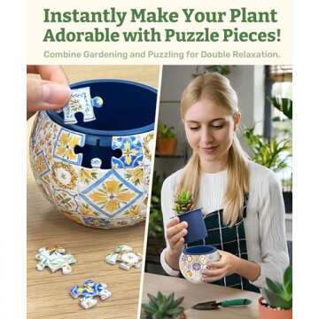PieceRelax 3D Puzzle Planter - Retro Tiles - Small Round Plant Pots with Drainage, Home Decor Flower...