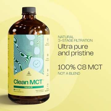 LevelUp Clean MCT Oil - 100% Caprylic C8 for Energy, Focus, Gut Health, Brain Superfuel - Keto Supplement for Ketogenic Coffee and Ketones - Non-GMO (32 oz Glass Bottle)