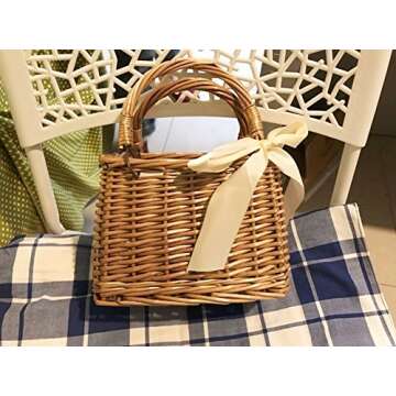 QTMY Bow Rattan Woven Bag Straw Bags Top Handle Wicker Baskets Handbags Boho Style Beach Bag Flower Basket