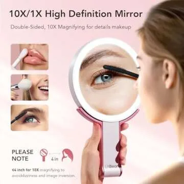 LitBear Travel Makeup Mirror with Lights, Rechargeable Double-Sided 10X/1X Magnifying Mirror, Portable Lighted Beauty Mirror, 3 Color Lighting, Dimmable Touch Screen, Tabletop Handhold Hanging (White)