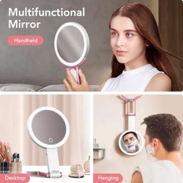 LitBear Travel Makeup Mirror with Lights, Rechargeable Double-Sided 10X/1X Magnifying Mirror, Portable Lighted Beauty Mirror, 3 Color Lighting, Dimmable Touch Screen, Tabletop Handhold Hanging (White)