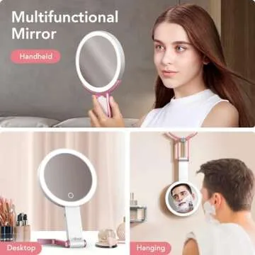 LitBear Travel Makeup Mirror with Lights, Rechargeable Double-Sided 10X/1X Magnifying Mirror, Portable Lighted Beauty Mirror, 3 Color Lighting, Dimmable Touch Screen, Tabletop Handhold Hanging (White)