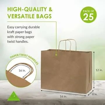 Prime Line Packaging Large Kraft Gift Bags with Handles for Shopping, Boutiques, Small Business, Retail Stores, Grocery Sack, Bulk - 16x6x12, 50 Pack
