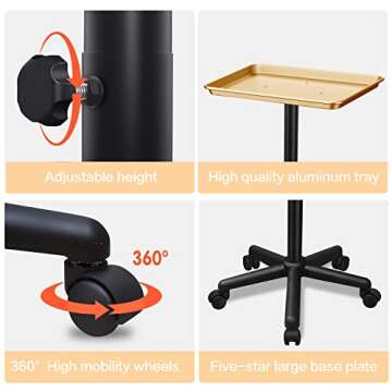 Chetunju Golden Salon Tray with Adjustable Height and Wheels