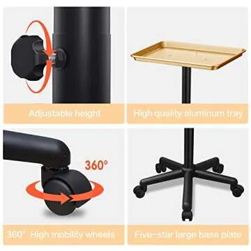 Chetunju Golden Salon Tray with Adjustable Height and Wheels