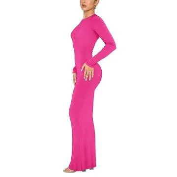 REORIA Women's Sexy Casual Crew Neck Slimming Long Dress - Rose Red