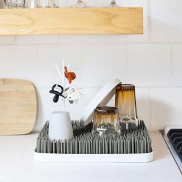 Boon Lawn Countertop Baby Bottle Drying Rack with Antimicrobial Tray - Baby Bottle Dryer and Organizer - Baby Bottle-Feeding Supplies - Gray - 13.5 x 11 x 2.5