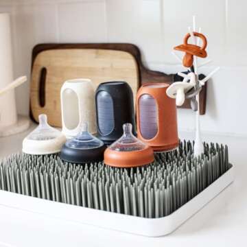 Boon Lawn Countertop Baby Bottle Drying Rack with Antimicrobial Tray - Baby Bottle Dryer and Organizer - Baby Bottle-Feeding Supplies - Gray - 13.5 x 11 x 2.5