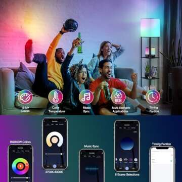 SUNMORY Floor Lamp with Shelves, Smart APP Control Standing Lamp with RGB Bulb, 4-Tier Dimmable Floor Lamps for Living Room, Tall Lamp for Bedroom, Office, Corner Display Bookshelf Lamp