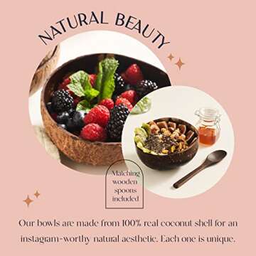 COCOBOWLCO Coconut Bowl & Wooden Spoons Bowl Set - Birthday Gifts for Women - Coconut Bowls for Eco Friendly Kitchen Decor, Acai Bowls & Smoothie Bowls (4, Polished)