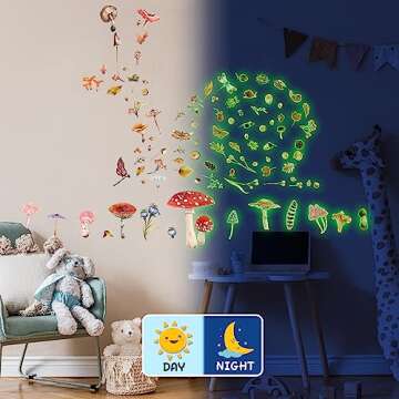 Glow in The Dark Mushroom Wall Decals Watercolor Woodland Mushroom Stickers for Ceiling Aesthetic Colorful Mushroom Decor Fall Leaf Baby Kids Girls Bedroom Nursery Decorations