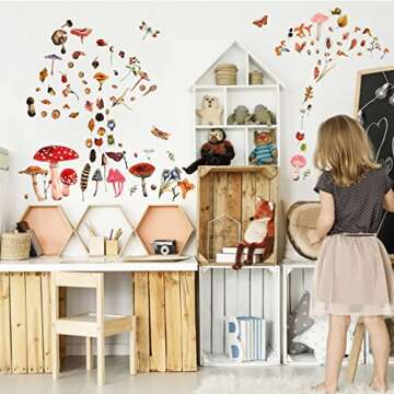 Glow in The Dark Mushroom Wall Decals Watercolor Woodland Mushroom Stickers for Ceiling Aesthetic Colorful Mushroom Decor Fall Leaf Baby Kids Girls Bedroom Nursery Decorations
