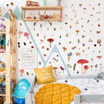 Glow in The Dark Mushroom Wall Decals Watercolor Woodland Mushroom Stickers for Ceiling Aesthetic Colorful Mushroom Decor Fall Leaf Baby Kids Girls Bedroom Nursery Decorations