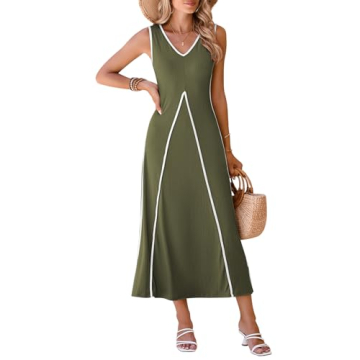 Pink Queen Women's 2024 Summer Casual Sleeveless V Neck Smocked Flared Maxi Dresses Vacation Daily C...