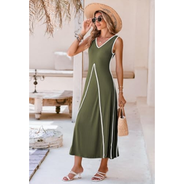 Pink Queen Women's 2024 Summer Casual Sleeveless V Neck Smocked Flared Maxi Dresses Vacation Daily Casual Green L